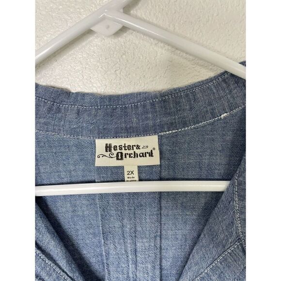 Hesters Orchard Shirt Womens 2X Button Front Chambray Blue Pocket Blouse Casual - Picture 4 of 5